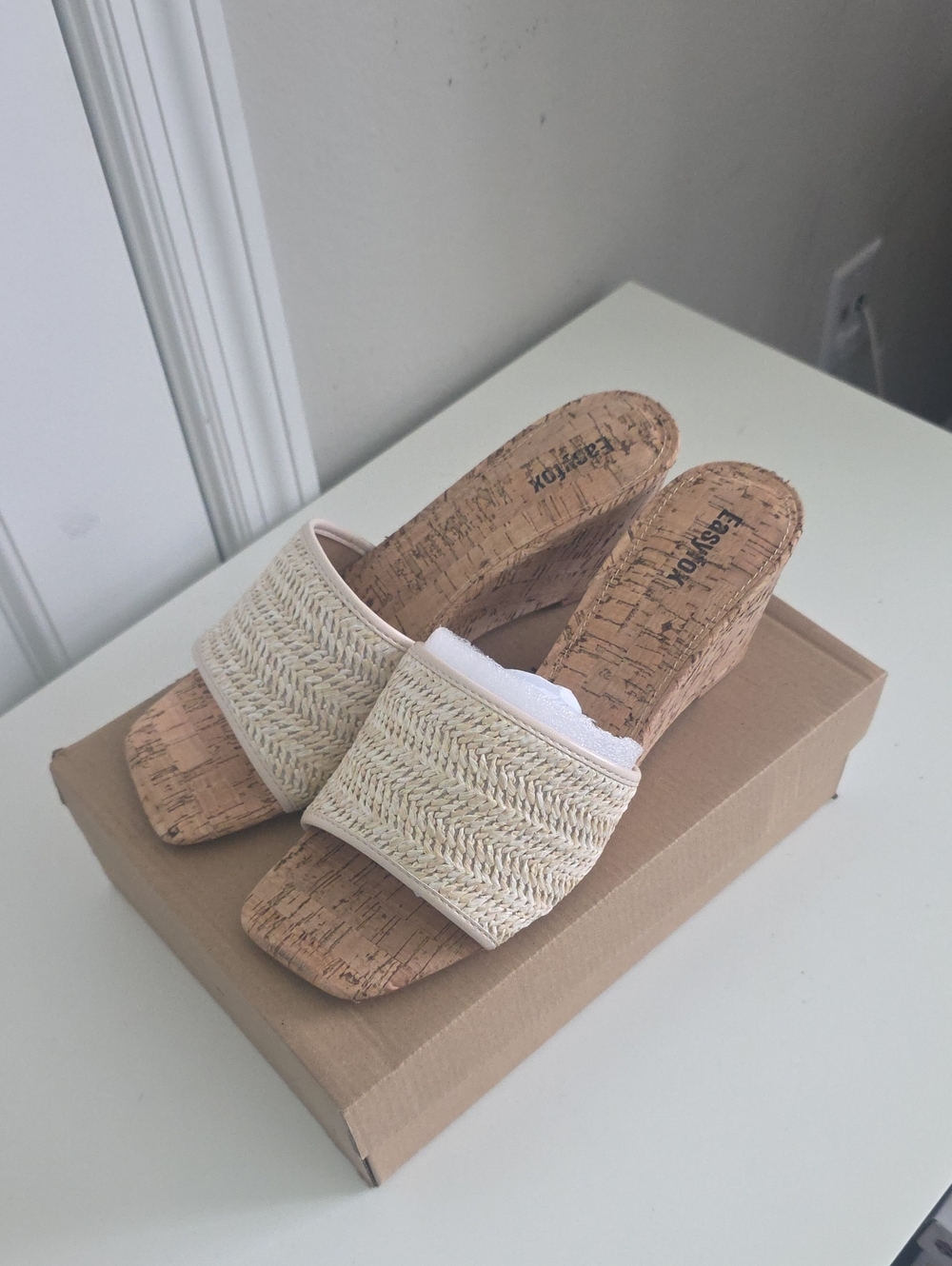 Light Beige Cork Wedge Mules with Braided Upper - Fashion newbella